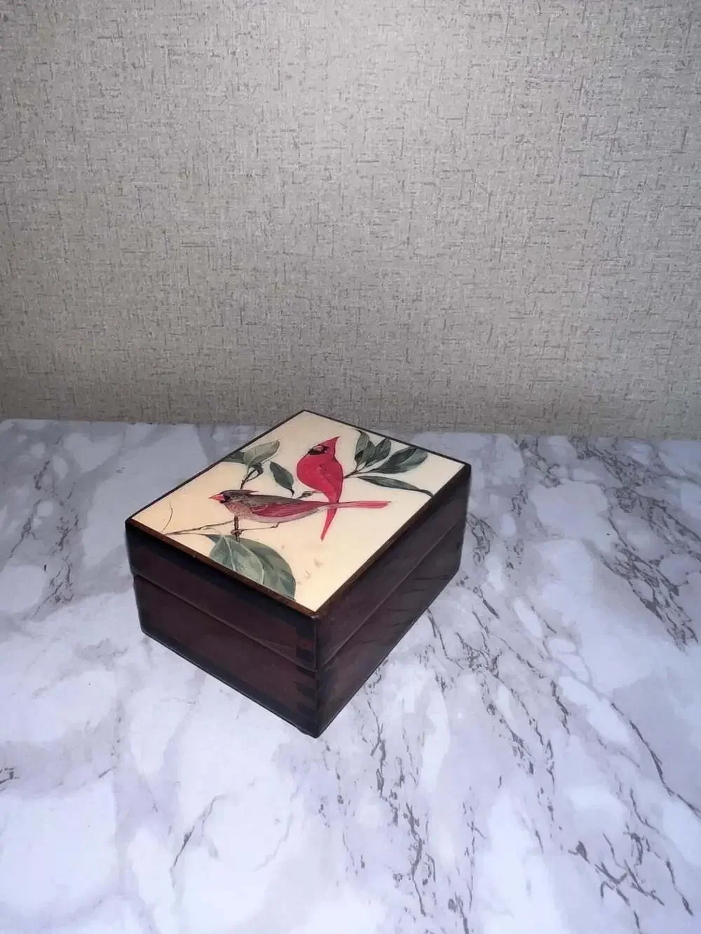 Vintage Reuge Wooden Music Box with Cardinal Tile Lid